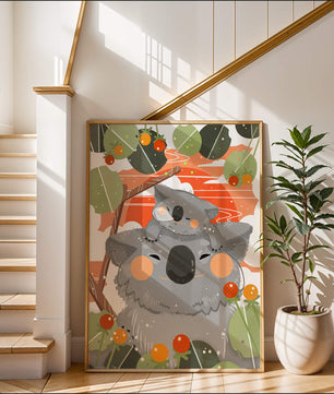 Koalas dans un cadre naturel vibrant aux tons orange et verts