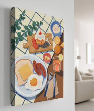 Escena de desayuno colorida con comida y bebida