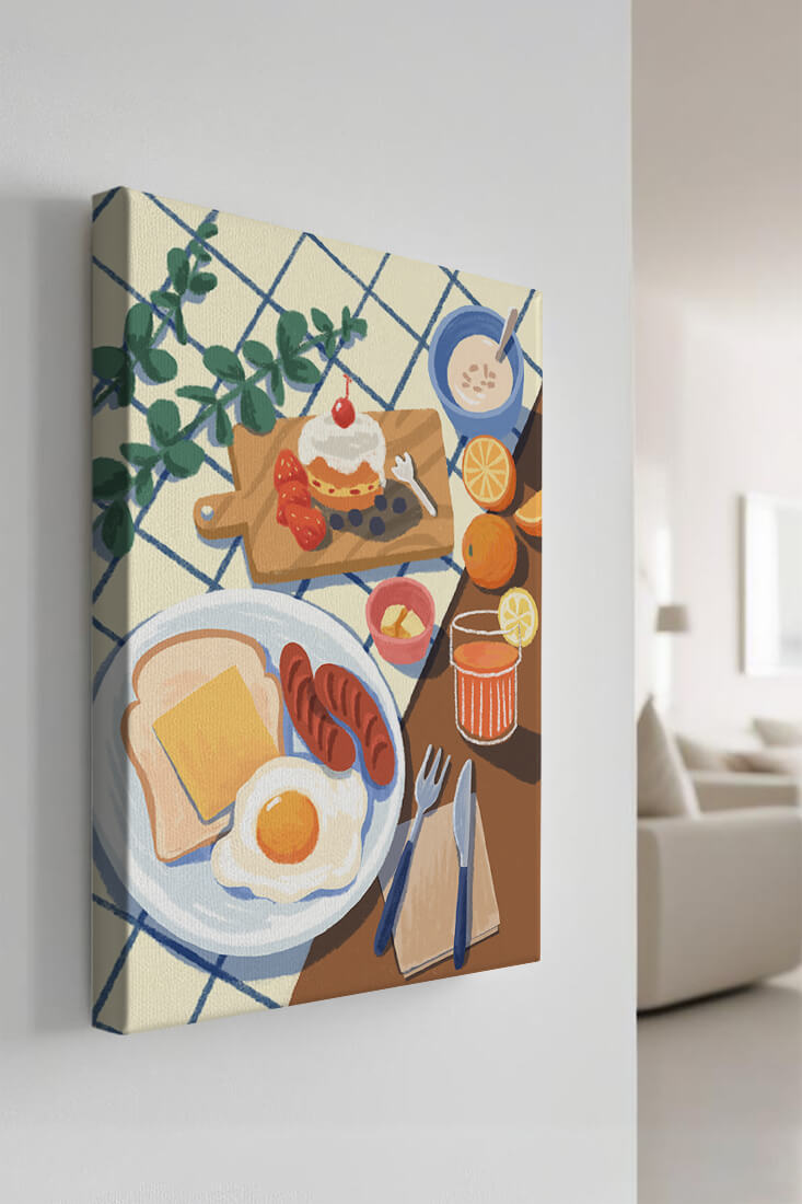 Escena de desayuno colorida con comida y bebida