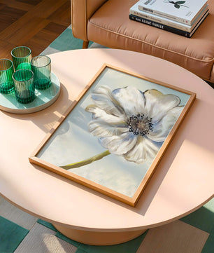Art captivant de fleurs blanches avec des nuances de bleu sur un fond pastel