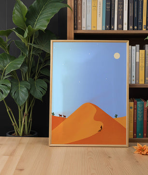 Serene desert landscape with dunes, camels, and a lone traveler under a starry sky