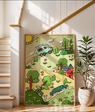 Colorful cartoon landscape with vehicles and nature scene
