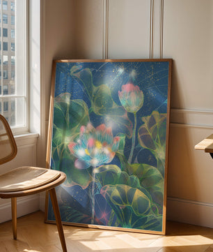 Bunte Lotusblumen mit abstraktem kosmischen Hintergrund