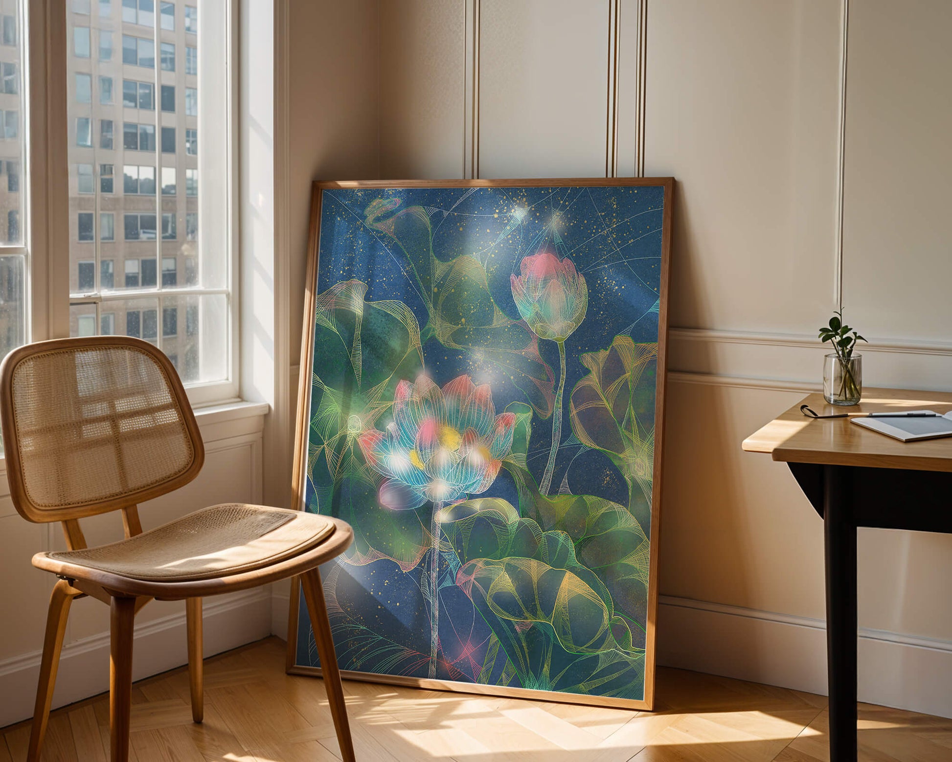 Bunte Lotusblumen mit abstraktem kosmischen Hintergrund
