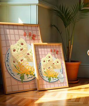 Illustration of layered cake on patterned plate with flowers and a cup