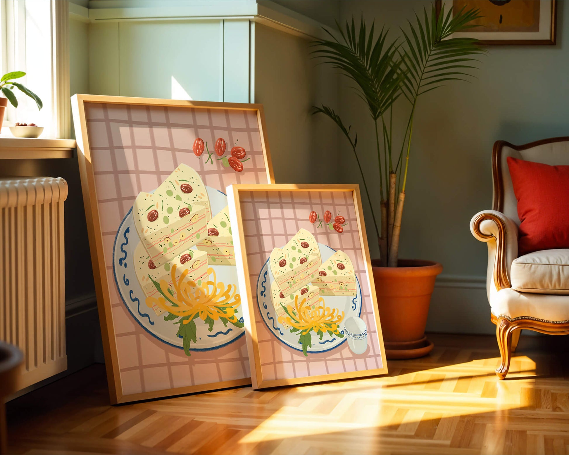 Illustration of layered cake on patterned plate with flowers and a cup