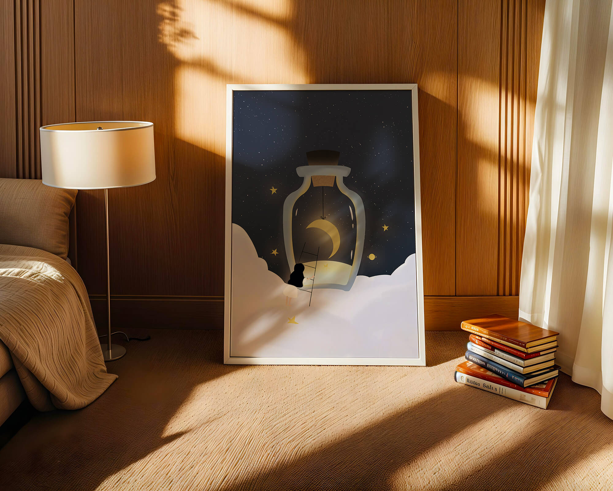 Fantasy Scene with Girl and Moon in a Bottle