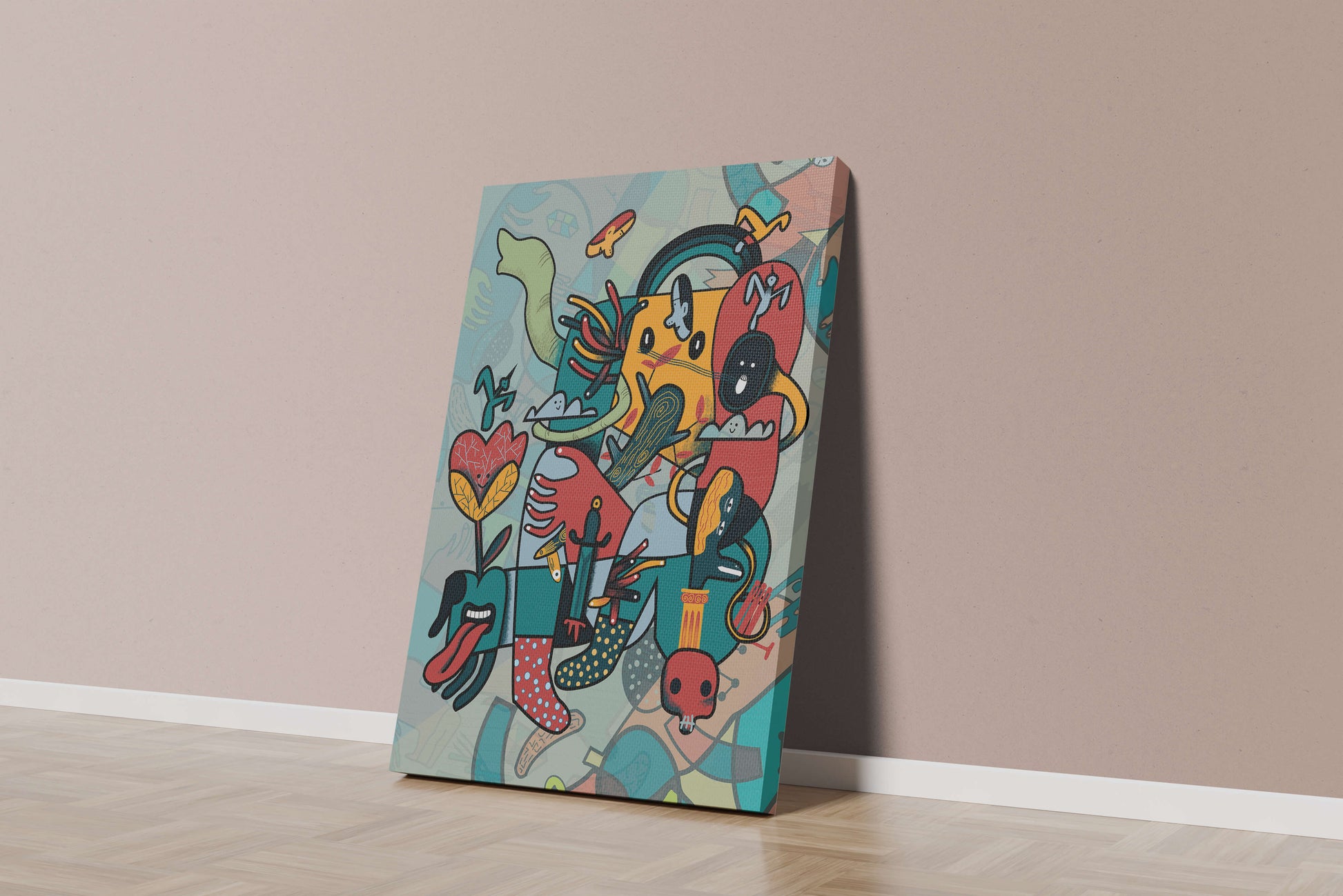 Composición artística surrealista abstracta con colores vibrantes