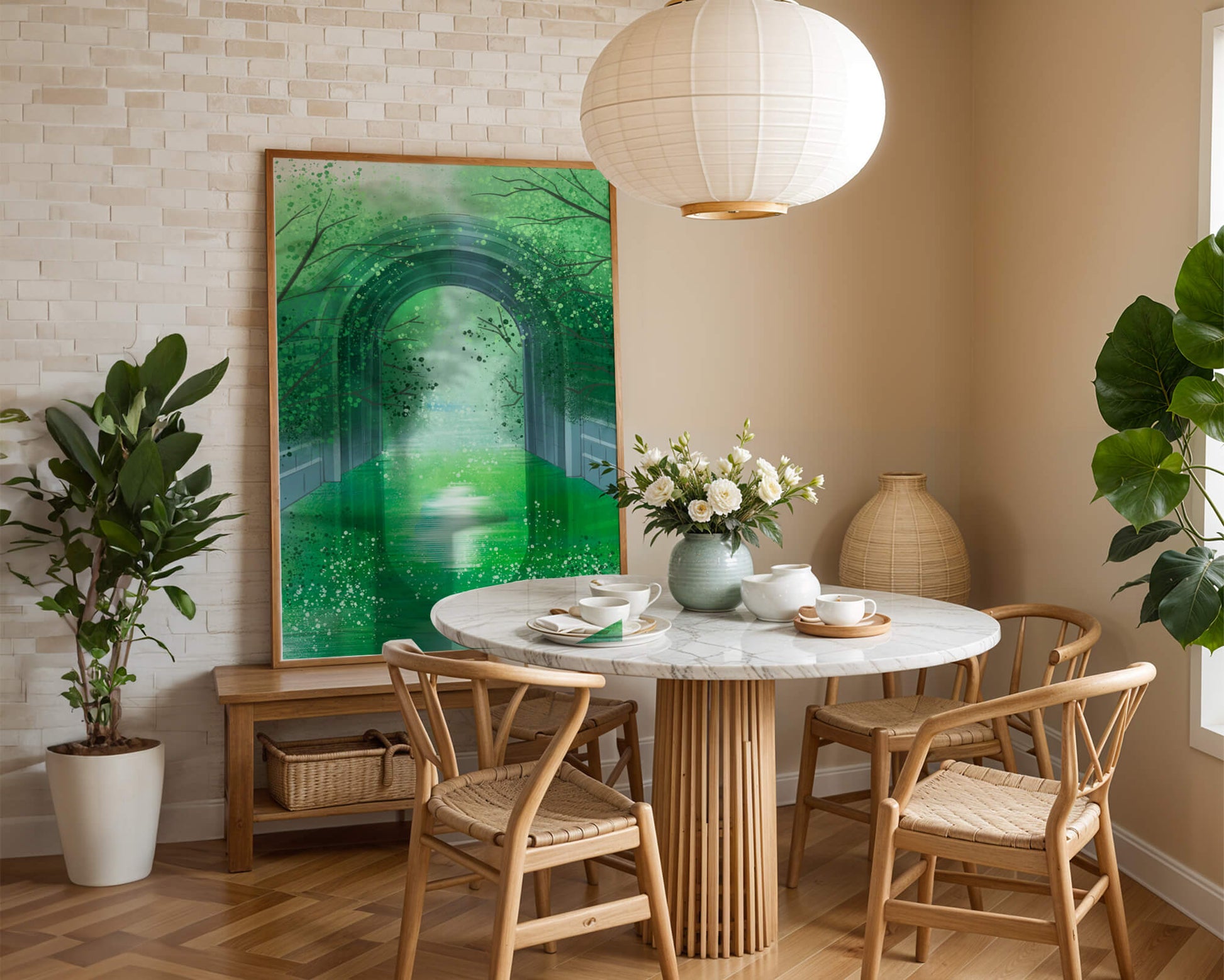 A serene green garden tunnel with reflective water