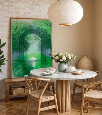 A serene green garden tunnel with reflective water