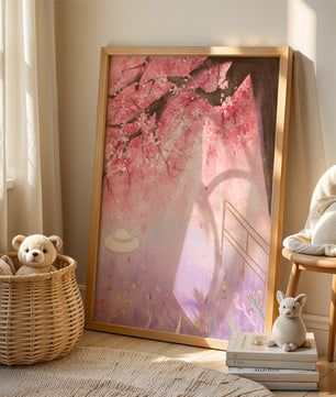 Cherry Blossom Garden with Spring Flowers and Sunlight