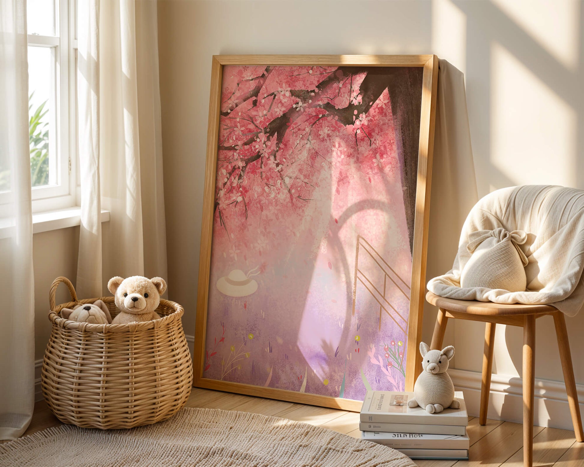 Cherry Blossom Garden with Spring Flowers and Sunlight