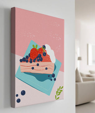 Bunte Dessertillustration mit Erdbeeren und Blaubeeren auf pastellfarbenem Hintergrund