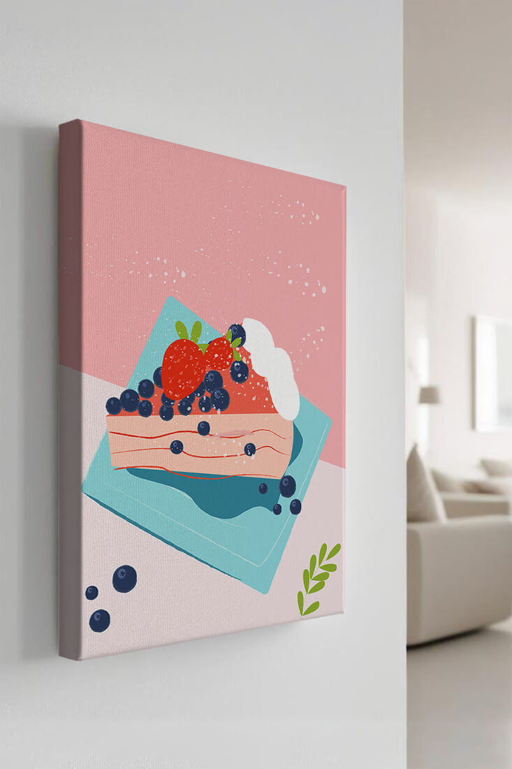 Bunte Dessertillustration mit Erdbeeren und Blaubeeren auf pastellfarbenem Hintergrund