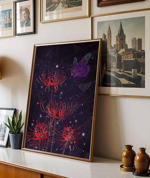 Vivid Night Sky with Red Spider Lilies and Purple Butterfly - Mi tienda