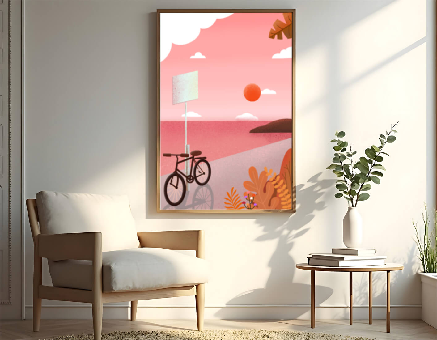 Serene sunset with bicycle by the sea in pastel colors