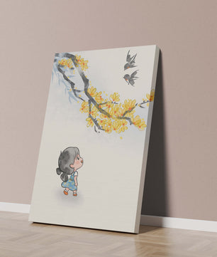 Charming illustration of a child gazing at birds and yellow blossoms