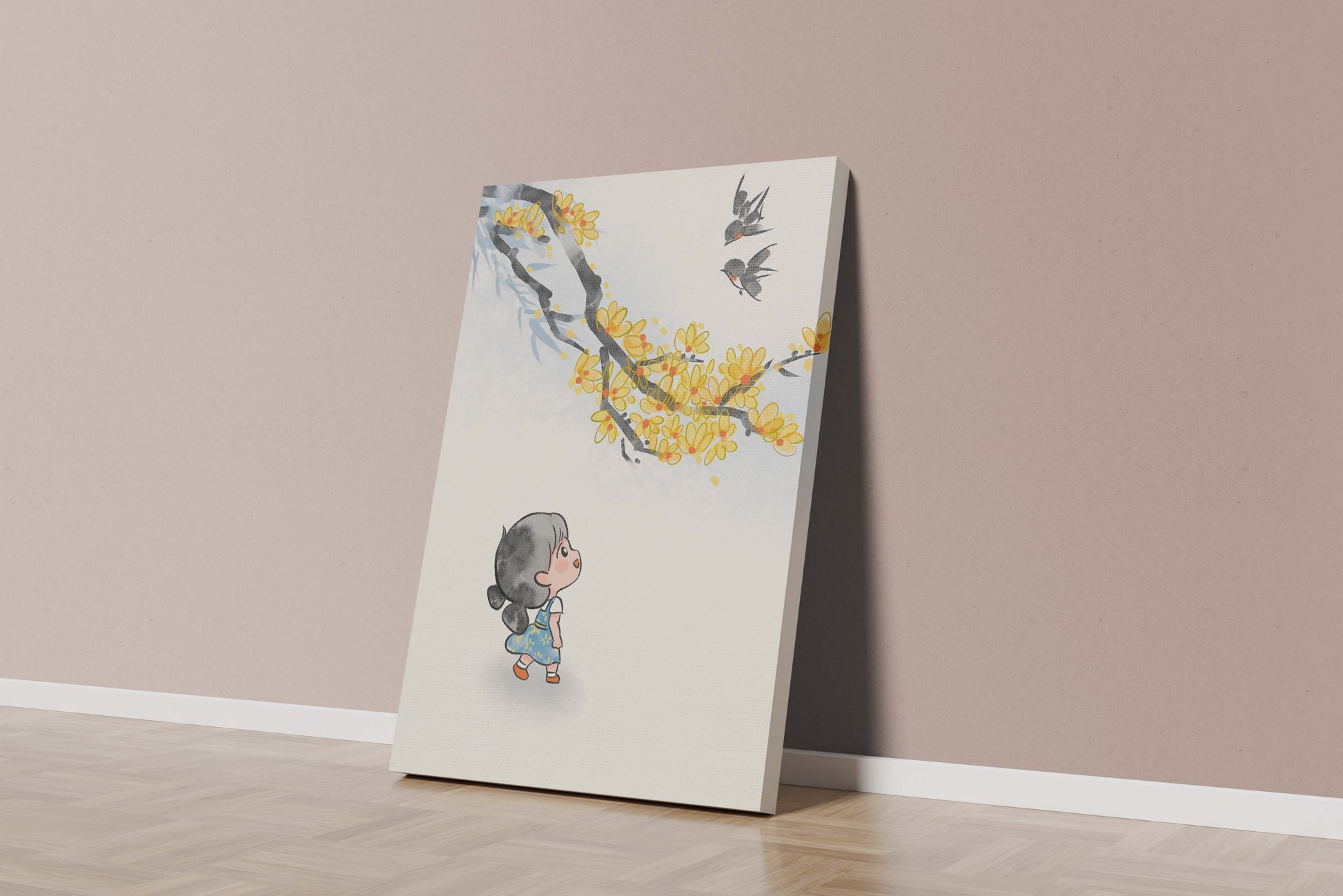 Charming illustration of a child gazing at birds and yellow blossoms