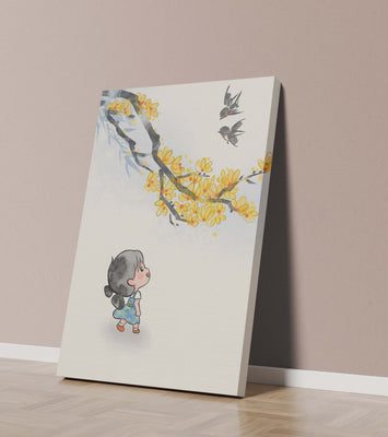 Charming illustration of a child gazing at birds and yellow blossoms