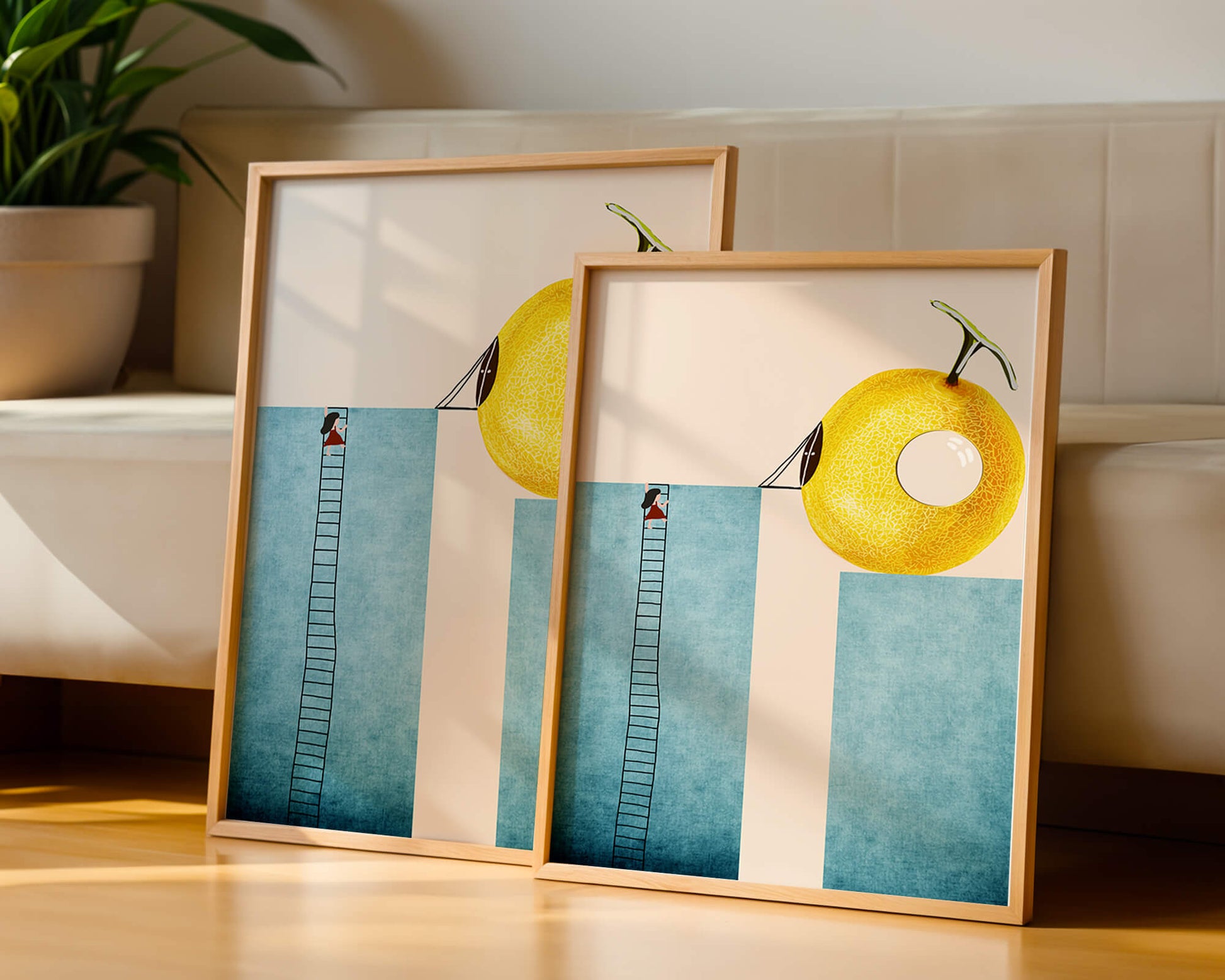 Woman Climbing Ladder towards Giant Yellow Fruit