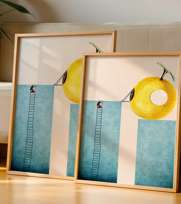 Woman Climbing Ladder towards Giant Yellow Fruit
