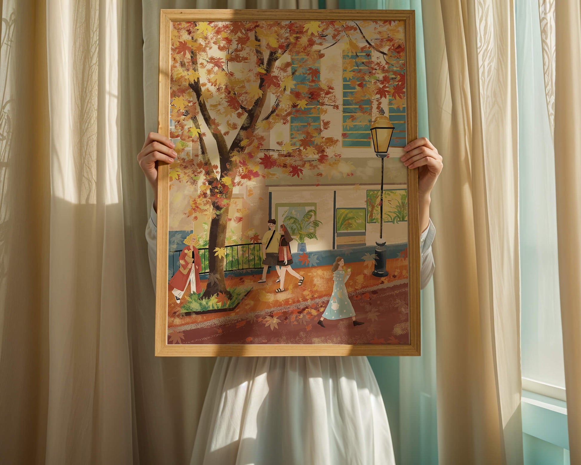 Calle de la ciudad en otoño con hojas coloridas y personas caminando