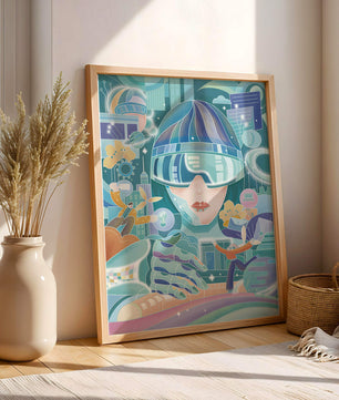 Futuristic digital art with virtual reality and technology themes
