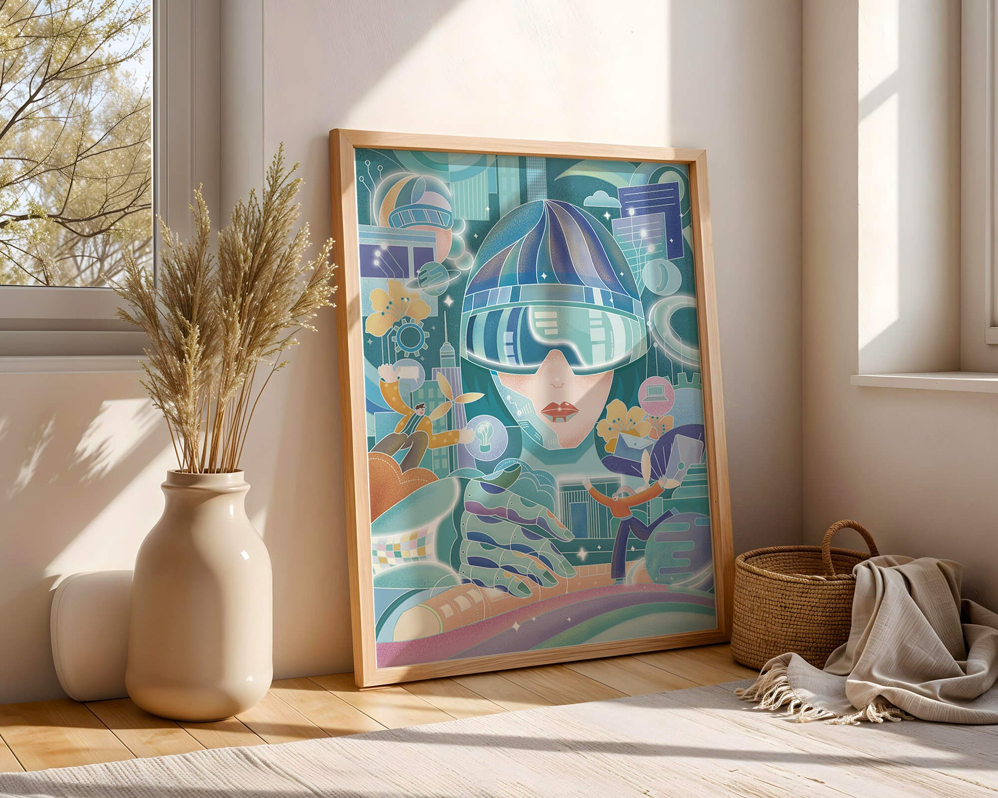 Futuristic digital art with virtual reality and technology themes
