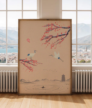 Paysage asiatique élégant avec des grues et des branches de cerisier en fleurs