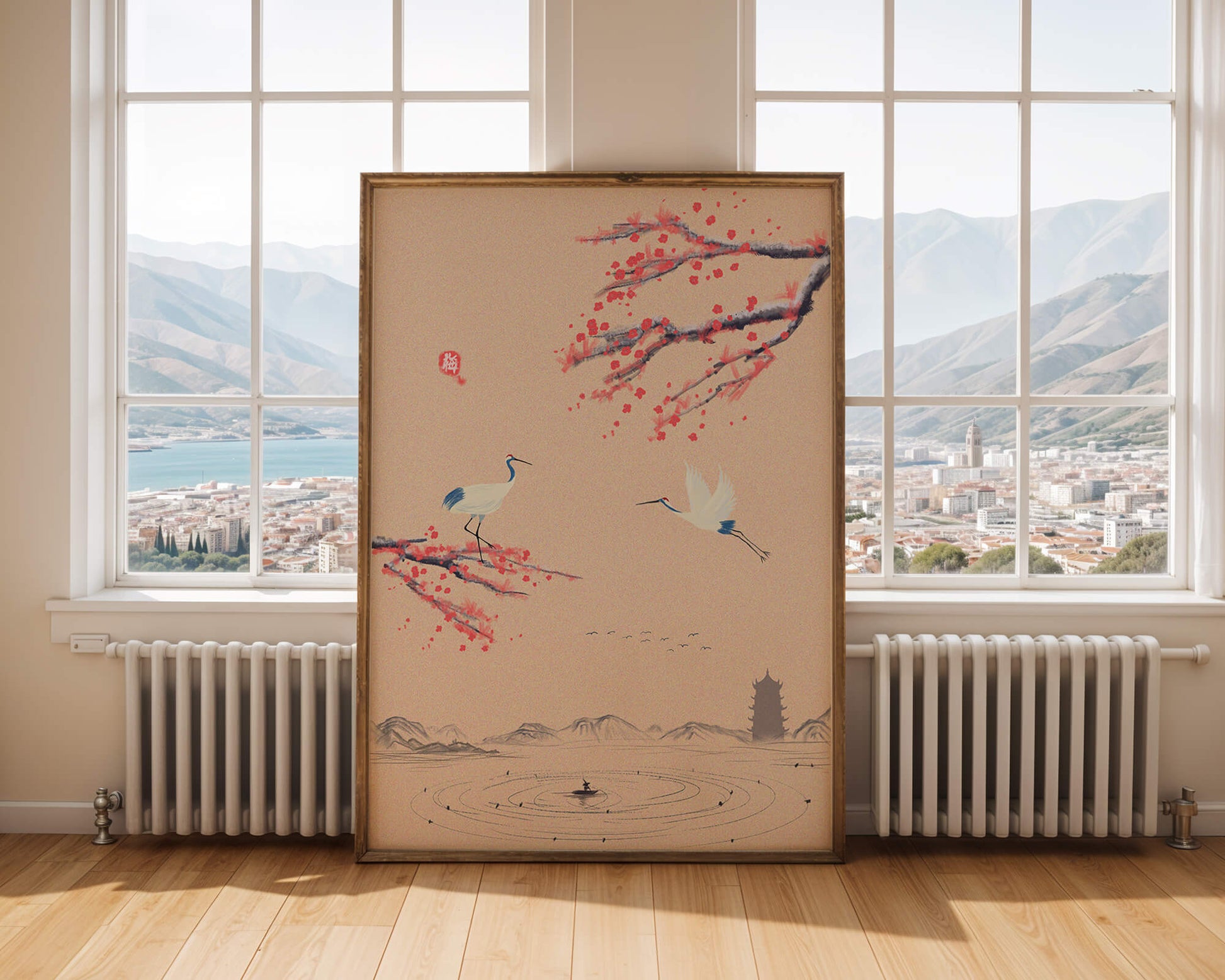 Elegant Asian landscape with cranes and cherry blossom branches