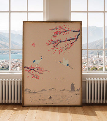 Elegant Asian landscape with cranes and cherry blossom branches