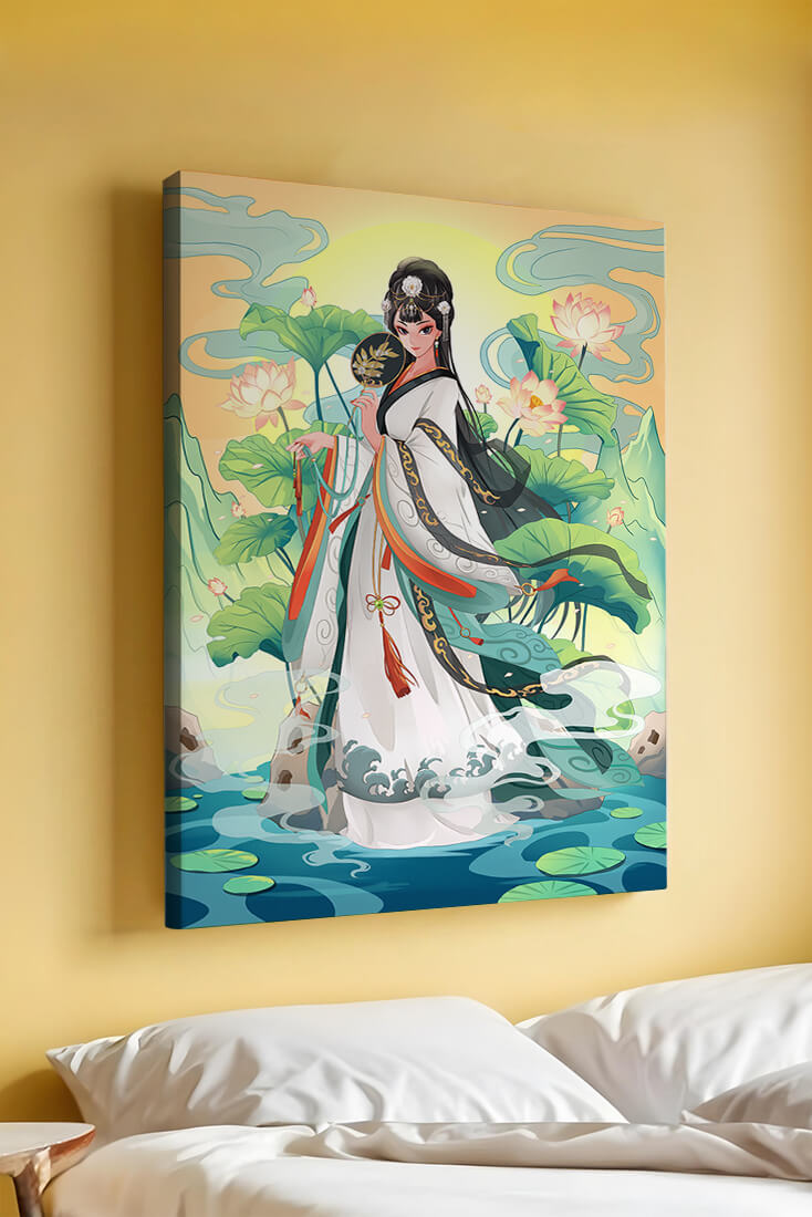 Elegant woman in traditional attire with lotus flowers and serene backdrop