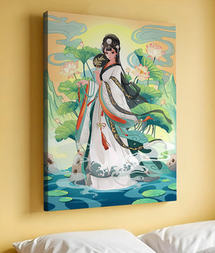 Femme élégante en tenue traditionnelle avec des fleurs de lotus et un décor serein