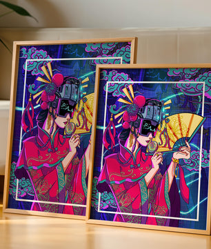 Geisha con traje futurista, elementos de neón y abanico
