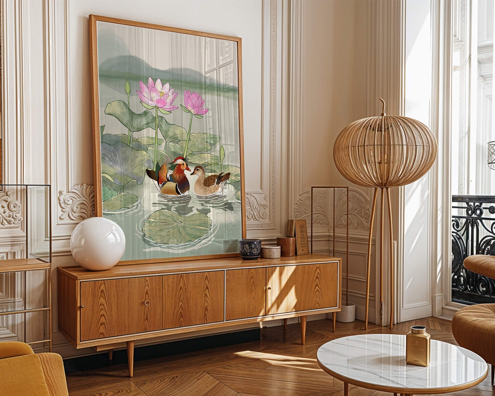 Patos mandarines y flores de loto en un estanque tranquilo