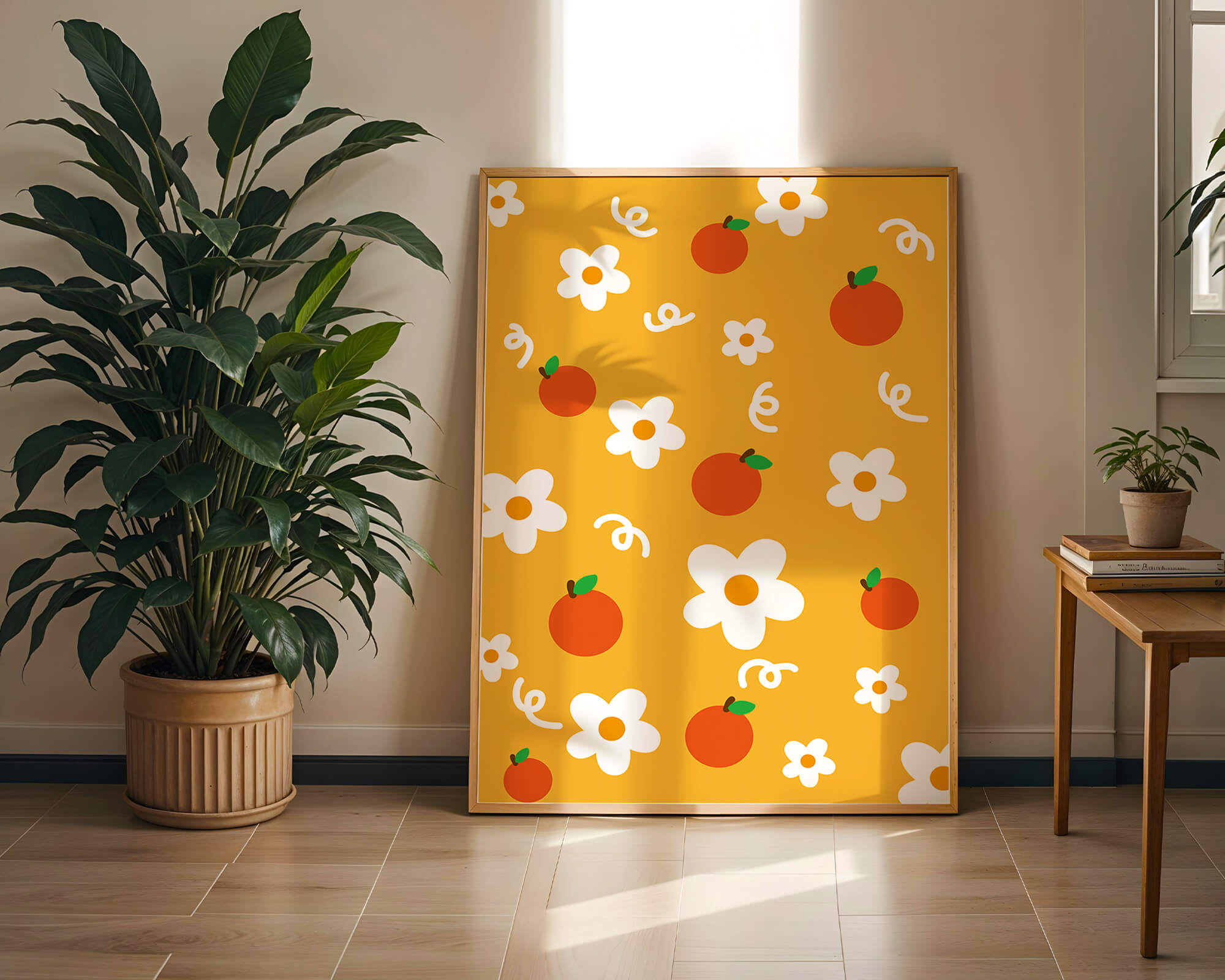 Playful floral and fruity pattern on a vibrant yellow background