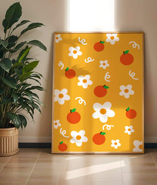 Playful floral and fruity pattern on a vibrant yellow background