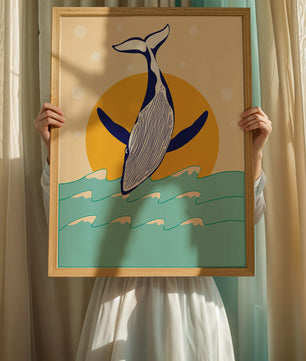 Ilustración de una ballena saltando sobre las olas con un fondo de sol