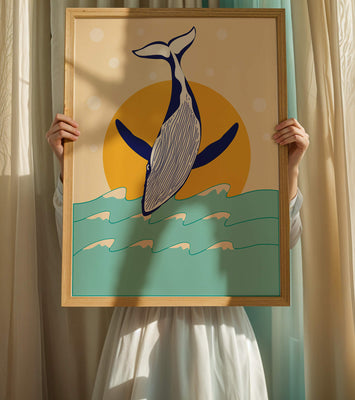 Illustration of a whale jumping over waves with sun backdrop