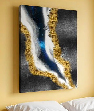 Abstract flowing design with gold, blue, and white textures
