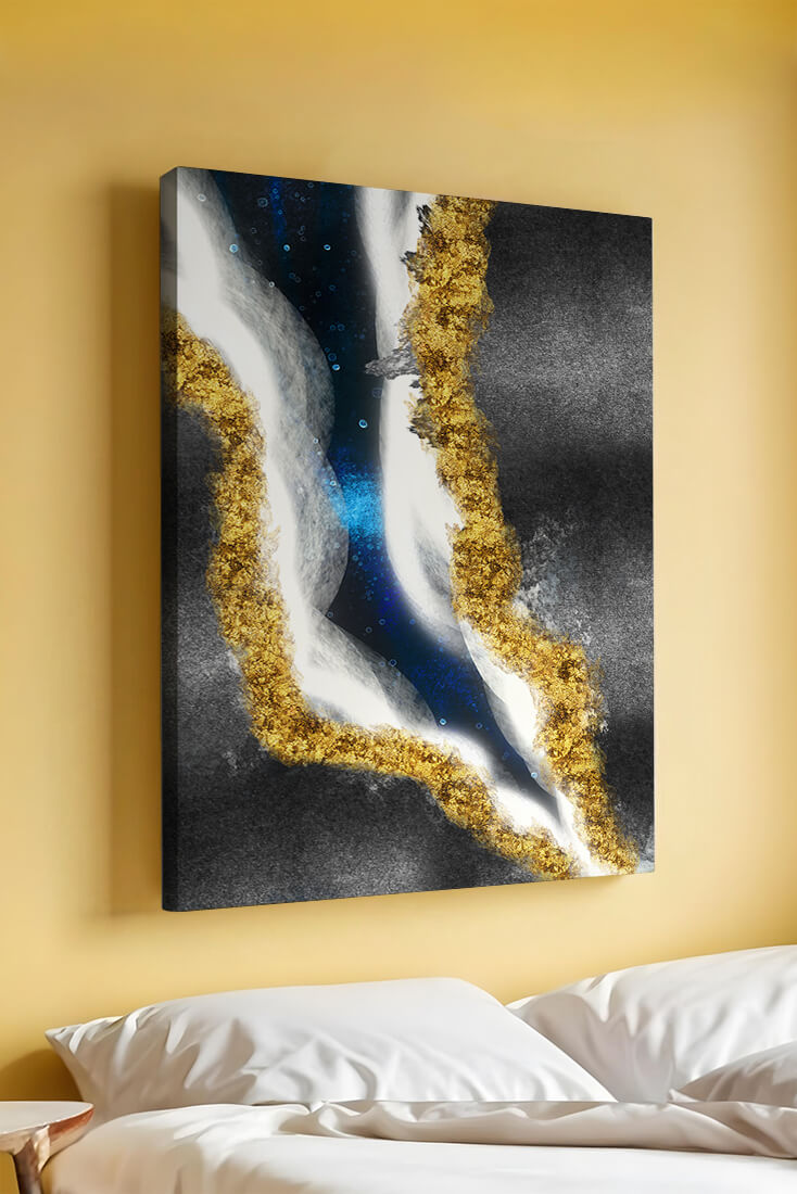 Abstract flowing design with gold, blue, and white textures