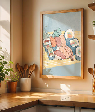 Illustration of assorted sushi rolls with shrimp and salmon on a bamboo mat