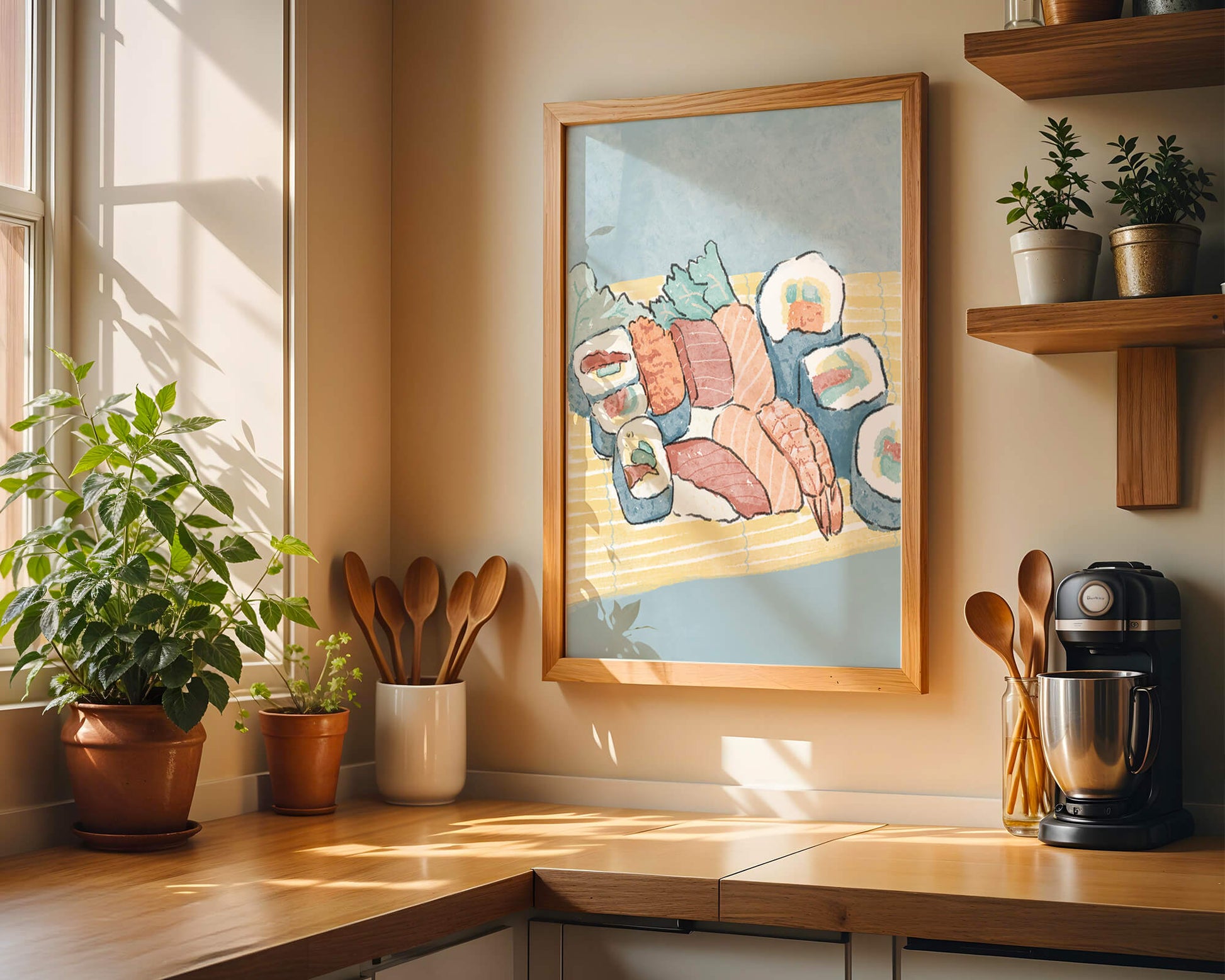 Illustration of assorted sushi rolls with shrimp and salmon on a bamboo mat