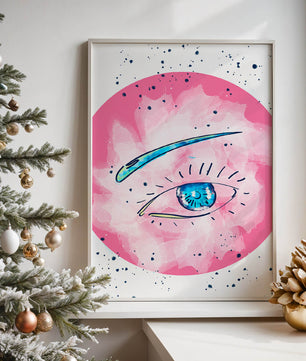 Abstract Eye Illustration with Pink Background and Blue Accents - Mi tienda