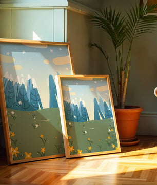 Landschaft mit schneebedeckten Bergen und Blumen im Cartoon-Stil