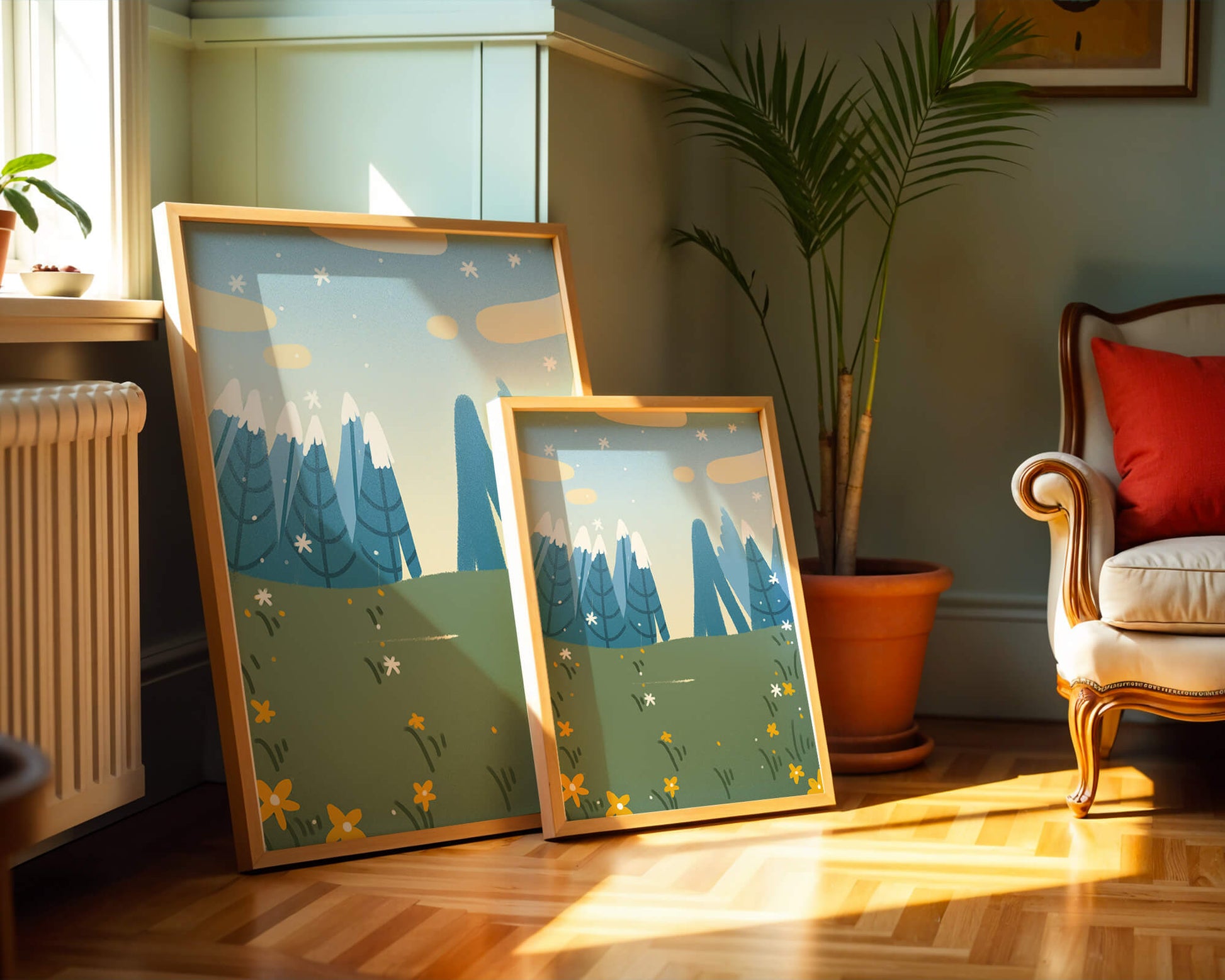 Landschaft mit schneebedeckten Bergen und Blumen im Cartoon-Stil