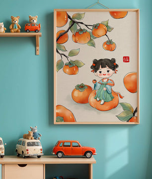 Illustration of a girl sitting on a persimmon surrounded by fruit and leaves