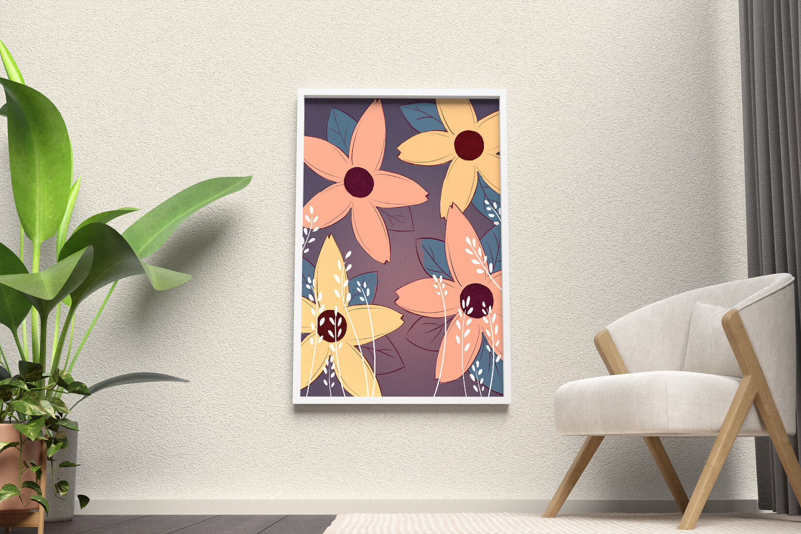 Colorful Floral Pattern with Abstract Leaves and Flowers