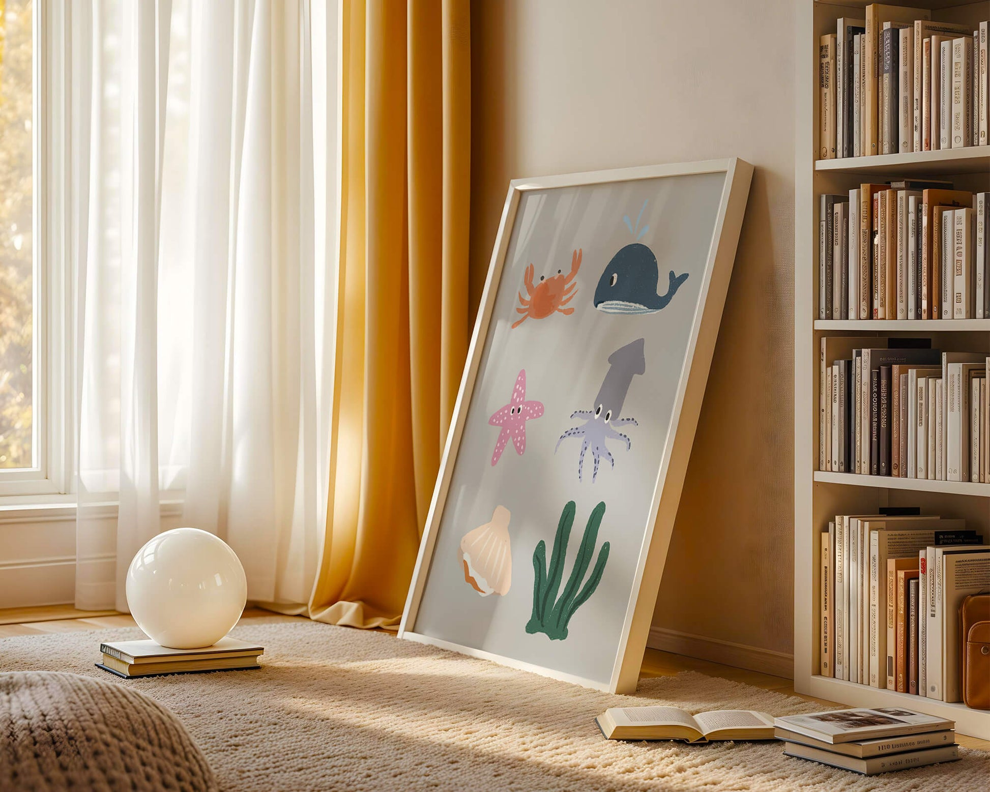 Illustration of whimsical sea creatures and marine elements on a grey background