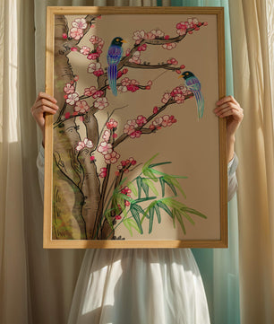 Illustration sereine d’oiseaux sur des branches en fleurs avec des feuilles de bambou
